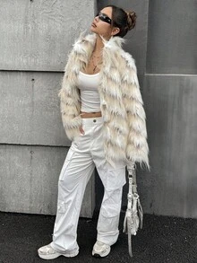 SHEIN ICON Ribbed Faux Fur Casual Loose Jacket White Fur Jacket In Fall/Winter - White - View 5