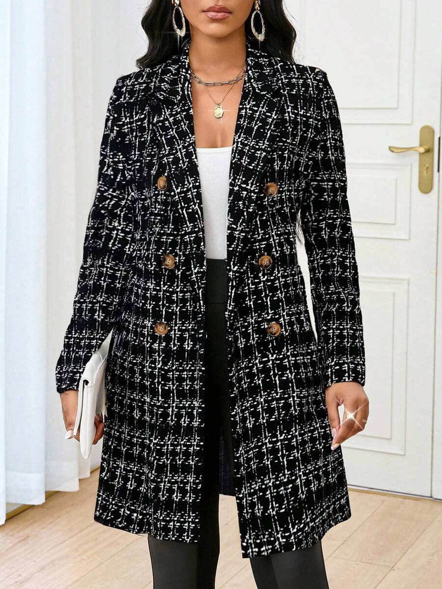 SHEIN Lady 大码秋冬优雅通勤办公黑白格纹针织翻领纽扣长袖风衣，秋冬办公室商务休闲女装，适合女性冬季穿着，优雅时尚，适合女性秋季工作、办公室、商务休闲外出穿着