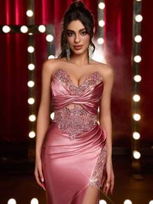 Glamrae 优雅奢华刺绣蕾丝拼布弹力缎面连衣裙，适合婚礼、派对、度假、舞会、晚礼服（重刺绣） - 藕粉色 - 查看 4