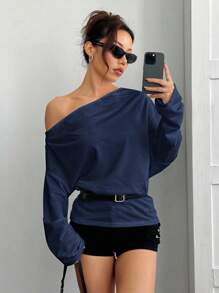 SHEIN EZwear 女士时尚休闲海军蓝长袖不对称领露肩运动衫，秋冬 - 藏蓝色 - 查看 5