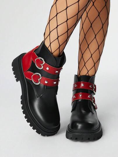 Grunge Punk Stivaletti donna in pelle PU stile universitario, colore nero e rosso, punta tonda, suola platform 5cm, design con fibbia a cuore, borchie e doppia cinturino, stile goth-punk, scarpe casual di moda