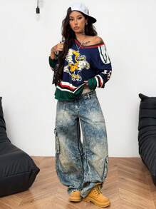 Coolane 女士秋冬街头服饰复古运动休闲 Y2K 日常穿着鹰图案 V 领长袖超大针织 T 恤 - 彩色 - 查看 7