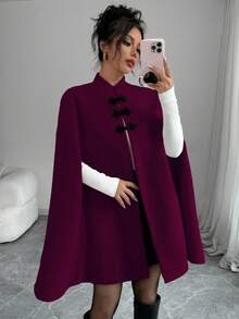 Elenzga 优雅立领撞色中式纽扣斗篷斗篷女款，厚羊毛面料，秋冬 - 紫色 - 查看 6