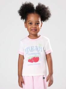 SUMWON Girls Fresh Strawberry Print T-Shirt Co-Ord Set With Pink Striped Wide Leg Pants Summer Casual Cotton Outfit - Baby Pink - View 3