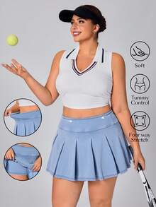 SHEIN Essnce Plus Size Women's Spring/Summer Knitted Denim Pleated Skirt With Shorts - Light Wash - View 7