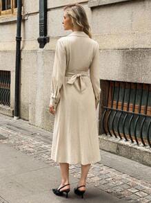Elyressa Women's Fashion Lapel NeckSingle-Breasted Waist Belt Mid-Length Dress Fall Cloth For Women - Khaki - View 2