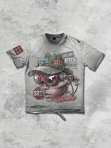 ROMWE MEN Grunge Punk Áo thun cổ tròn tay ngắn in họa tiết rách giặt cũ - Xám - Xem 5