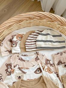 15pcs Newborn Baby Cute Casual Versatile Knitted Striped Cartoon Pattern Long Sleeve Romper & Pants Pajama Set Fall Winter