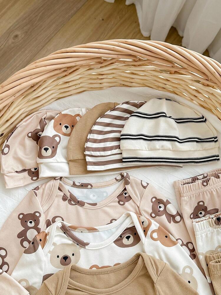 Conjunto de 15 piezas de pijama de pelele y pantalones de bebé recién nacido con estampado de rayas y dibujos animados, de uso versátil y casual - Multicolor - Añade 4
