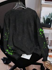 Beetlejuice X SHEIN Women's Crew Neck Long Sleeve Comfortable Casual Washed Horror English Letter Print Graphic Pullover Sweatshirt, Autumn/Winter - White - View 2