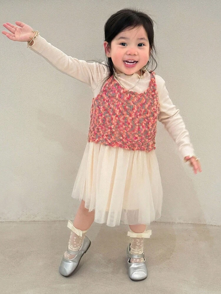 Baby Girl Round Neck Mesh Patchwork Korean Style Birthday Party Dress