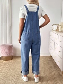 EMERY ROSE Women's Summer Casual Button Half-Placket Large Pocket Denim Bib Pants Casual Street Patchwork Pocket Loose Wide Leg Jeans Women Jeans Baggy Loose Jeans Barrel Leg/Barrel-Leg Jeans Old Money Style