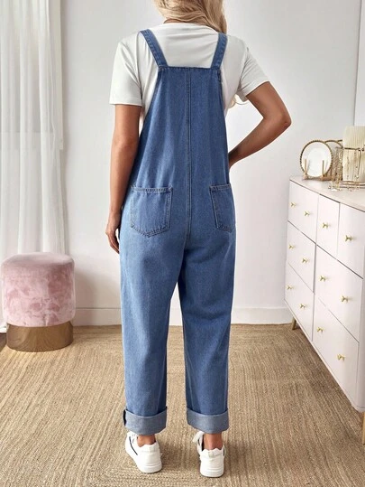 EMERY ROSE Women's Summer Casual Button Half-Placket Large Pocket Denim Bib Pants Casual Street Patchwork Pocket Loose Wide Leg Jeans Women Jeans Baggy Loose Jeans Barrel Leg/Barrel-Leg Jeans Old Money Style
