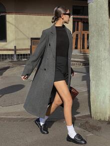 DAZY 女士休闲翻领长袖双排扣大衣，秋冬 - 深灰色 - 查看 3
