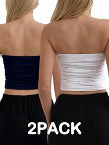 EURMUSE Bộ 2 áo crop top không tay xếp nếp màu trơn cho nữ - Nhiều màu - Xem 2