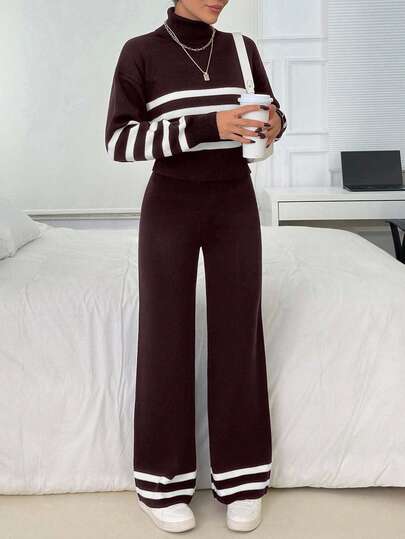 EURMUSE Women's Striped Turtleneck Dropped Shoulder Long Sleeve Sweater And Knit Pants Casual 2 Pieces Set, Autumn/Winter,Petite Co Ord,Co Ord,Petite