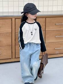 DAZY 少女圆领插肩袖韩版蝴蝶结T恤秋冬 - 黑與白 - 查看 6