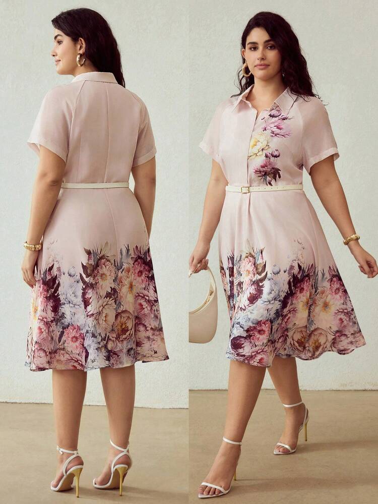 플러스플러스 사이즈 여성용 포지셔닝 프린트 셔츠 칼라 텐셀 블렌드 미드 기장 드레스 벨트 포함