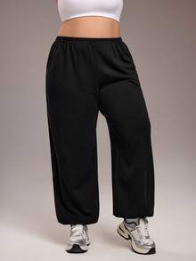 Rhythm Era 女式保暖内衬运动裤，带口袋，宽松直筒裤，松紧腰和脚踝，日常休闲慢跑裤，加大码宽松裤，健身裤，宽松松紧腰裤，舞蹈工作室裤，黑色裤子，瑜伽裤 - 黑色 - 查看 5