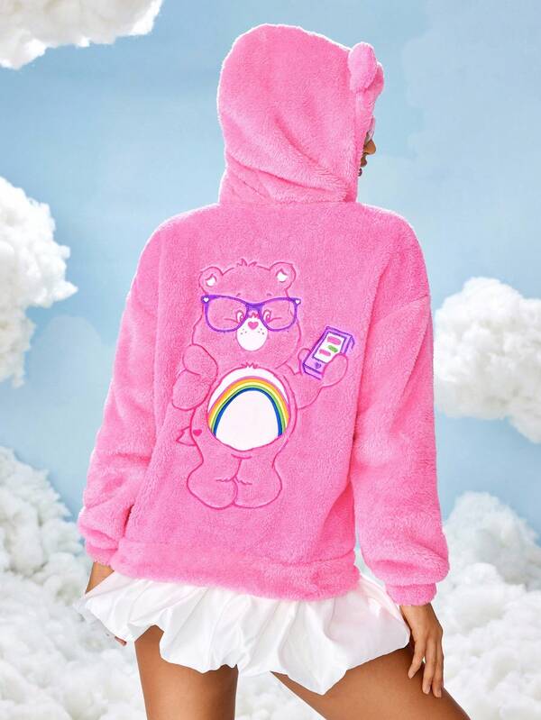 SHEIN X Care Bears Women's Cartoon Embroidered Pink Fluffy Hooded Sweatshirt