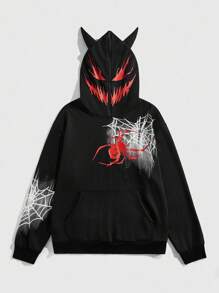ROMWE MEN Anime Men's Fashion Spider Web Print Asymmetric Hoodie, Halloween - Black - View 7