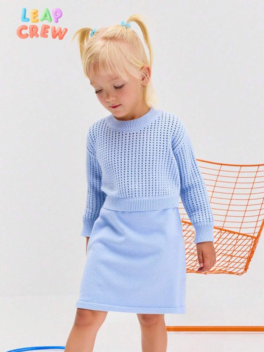 SHEIN Young Girl Loose Casual Minimalist Comfortable Round Neck Long Sleeve Sweater Dress Set,In Fall/Winter - Baby Blue - View 1