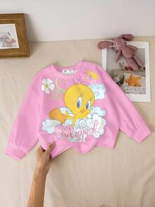 LOONEY TUNES X SHEIN Baby Girl Cartoon Graphic Crew Neck Long Sleeve Sweatshirt Fall Winter - White - View 7
