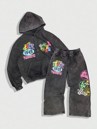 Street Life Men's Casual Letter Graphic Drawstring Hoodie And Sweatpants Set, Autumn