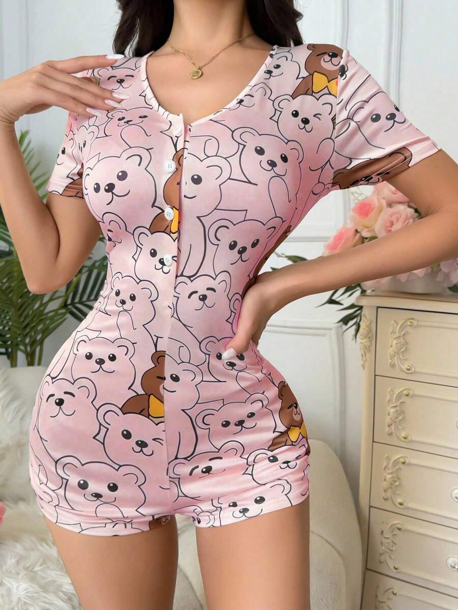 可爱熊猫全身印花紧身女式连体衣睡衣，夏季熊睡衣女式可爱睡衣女式卡通熊睡衣女式睡衣可爱睡衣女式 - 粉色 - 查看 1
