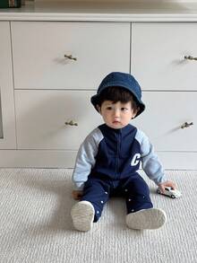 SHEIN 男婴蓝色休闲字母刺绣连体裤，适合周末外出、休闲居家时光、家庭聚会 - 藍色 - 查看 7