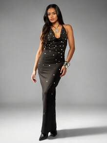 MISSGUIDED Rochie de seară cu decolteu halter, fără mâneci, lungă, mulată, cu ornamente metalice, pentru ocazii speciale, rochie lungă, pentru petrecere, bal, sărbătoare - Negru - Vizualizare 1