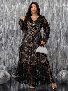 Gownix 大码优雅纯色蕾丝连衣裙 - 黑色 - 查看 12