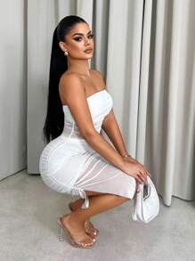 Sirith 女式纯色褶饰修身不对称下摆抹胸连衣裙 - 白色 - 查看 5