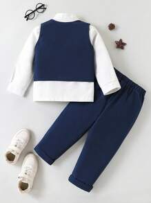 SHEIN 3pcs Young Boy Premium Elegant Casual Formal Suit Set. Solid Color Slim Fit Vest + Casual Suit Pants + Detachable Polka Dot Bow Tie 3-Piece Set, Contrast Color Handkerchief Decor On Chest And Bow Tie, Suitable For Evening Party, Hosting, Performance, Gathering, Runway, Christening, Birthday, Wedding, Graduation Season, Spring/Summer