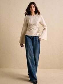 Poéselle 女士喇叭袖休闲衬衫杏色圆领长袖系带腰身通勤上衣秋季女装上衣秋季女装秋季女装冬季商务休闲女装 - 杏色 - 查看 6