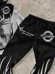 SHEIN Bolty 两件套青少年男童休闲宽松自由女神像火焰图案黑色火焰印花连帽衫和裤子套装，适合秋冬季节，街头风、朋克风、摇滚风、返校季、说唱风、帅气男孩风格，适合10-12岁青少年男孩。潮流男童套装，适合8-9岁Y2K风格男孩，秋季潮流男童套装。 - 彩色 - 查看 4