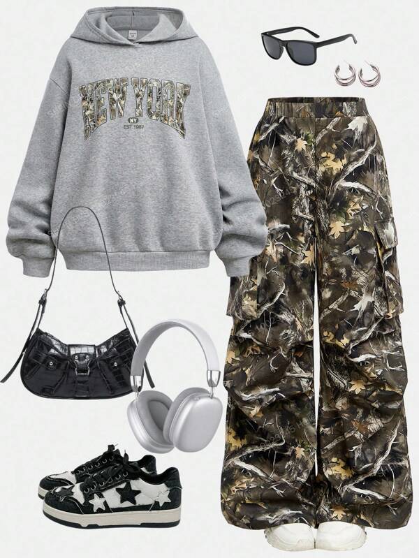 SHEIN Girlism Tween Girl 纯色“NEW YORK”字母印花连帽卫衣和迷彩工装裤两件套休闲套装