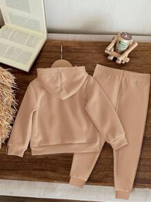 Baby Girl Cute Minimalist Hand-Drawn Heart Pattern Beige Knit Soft Hooded Loose Fit Long Sleeve Sweatshirt And Pants Set, Suitable For Autumn/Winter Fall - Khaki - View 2