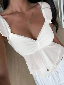 SHEIN EZwear 女式夏季褶饰网眼泡泡袖衬衫 - 白色 - 查看 4