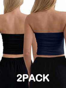 EURMUSE 2pcs Women's Minimalist Solid Color Ruched Fitted Tube Top, Summer - Multicolor - View 2