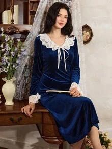 Côtesoire 女士法式优雅浪漫撞色蕾丝荷叶边睡裙，秋冬季舒适保暖 - 寶藍色 - 查看 6