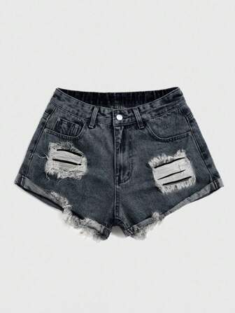 Grunge Punk شورت جينز أزرق مغسول بطراز قديم مهترئ وجذاب، مناسب للعطلات الصيفية