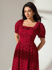 Modelyn 女士方领荷叶边腰短款泡泡袖波点中长连衣裙，酒红色 - 酒紅色 - 查看 7