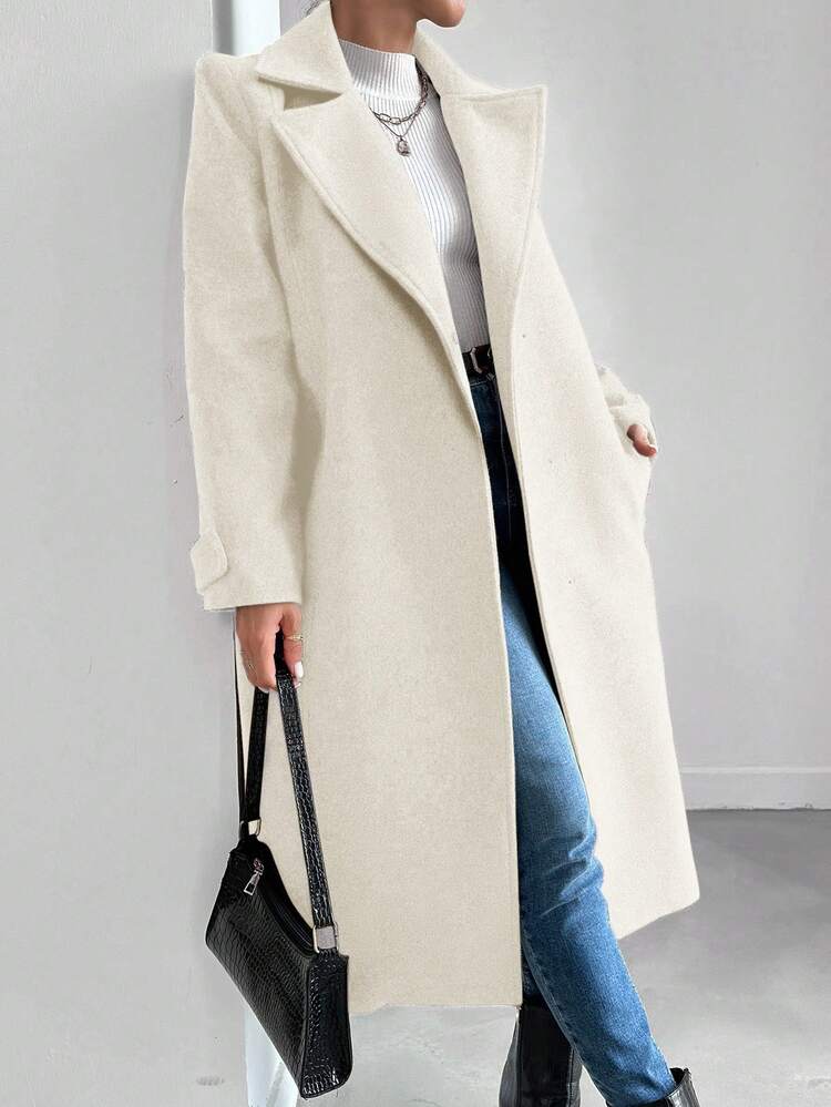 EURMUSE 女式毛呢大衣,帶尖領翻領設計 - 米色 - 查看 4