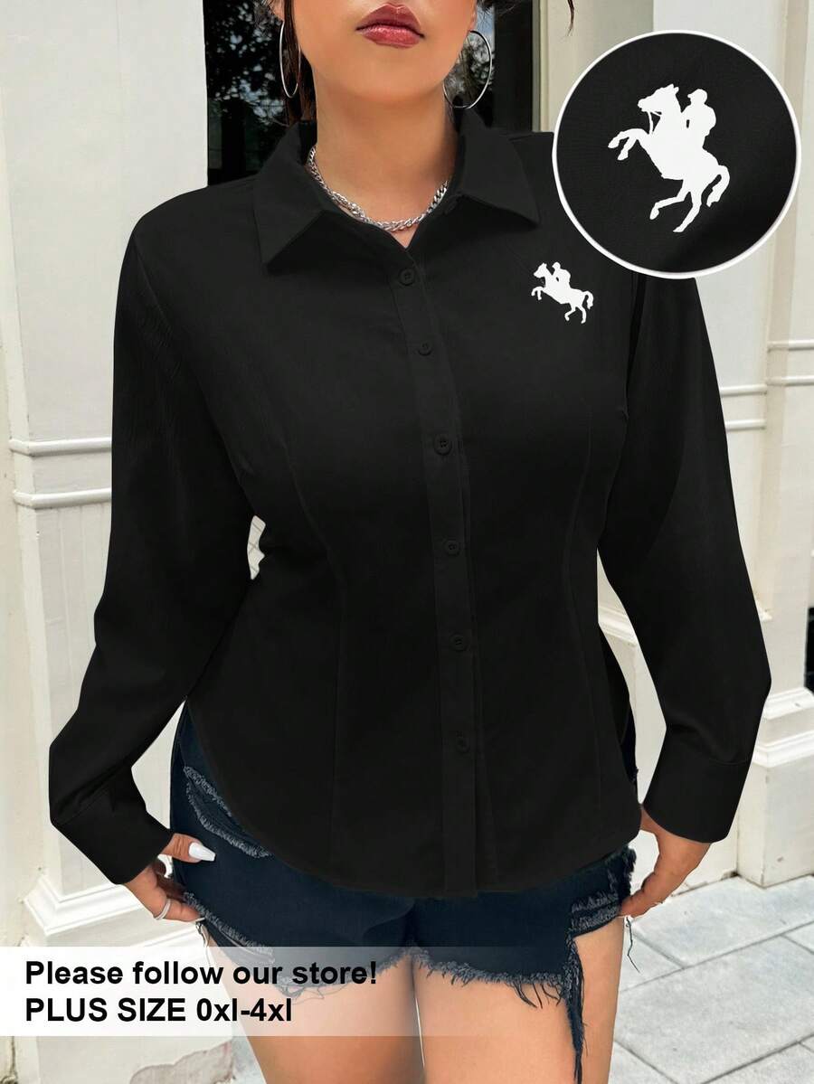 SHEIN EZwear Áo sơ mi tay dài cài nút đơn giản họa tiết hiệp sĩ đen cỡ lớn dành cho nữ, phù hợp cho mùa thu, mùa thu và mùa đông, mùa thu dành cho nữ - màu đen - Xem 1