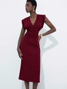 Aveloria Modichic Váy ôm dáng cổ chữ V không tay xếp ly eo thanh lịch mới, phong cách Châu Âu sang trọng và tinh tế, thích hợp cho các buổi hẹn hò - Màu Đỏ Sâu - Xem 3