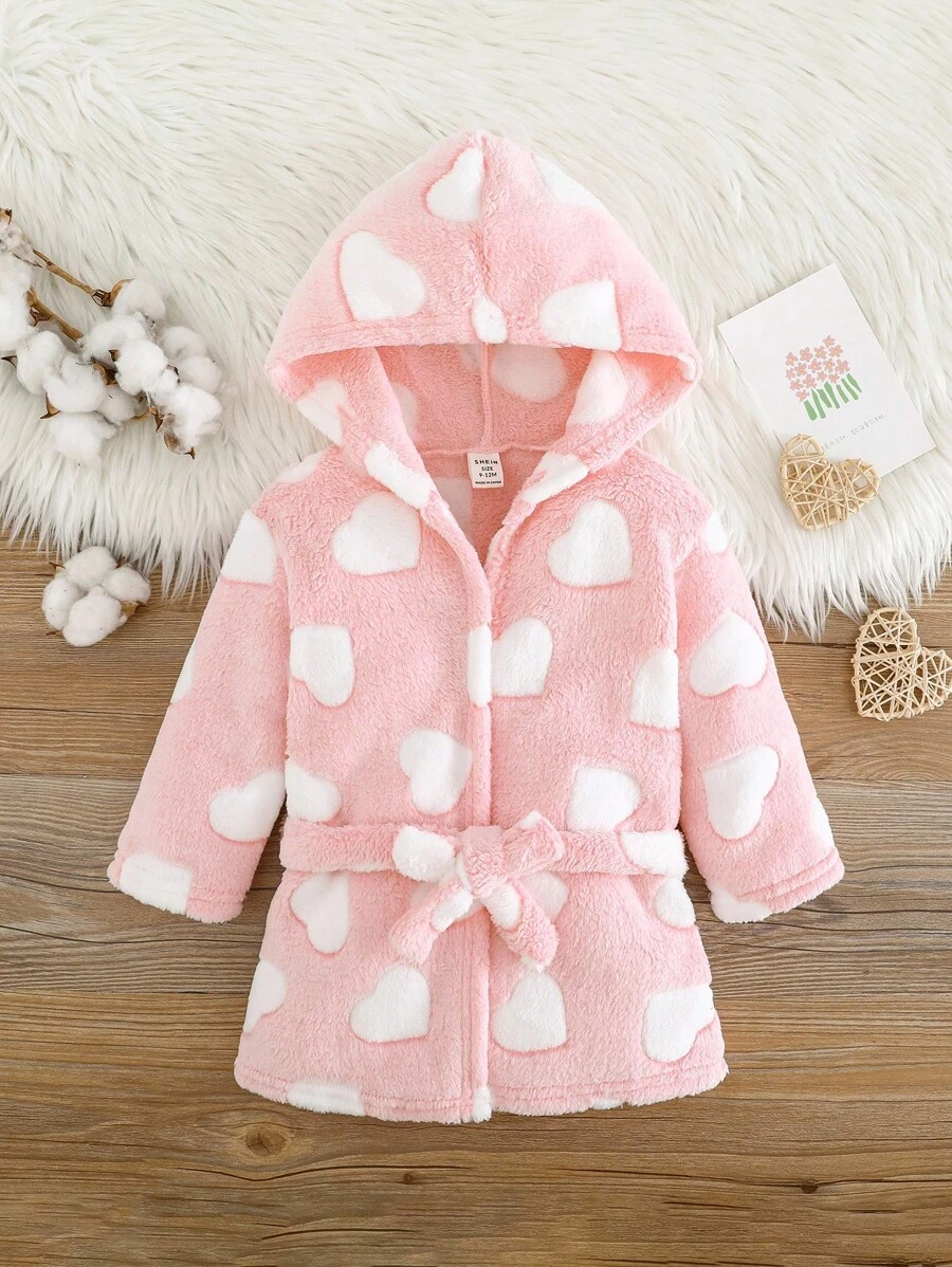 SHEIN 女婴星空图案长袖连帽柔软舒适双面法兰绒浴袍,秋冬 - 彩色 - 查看 1