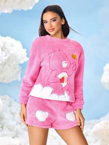 SHEIN X Care Bears 女士卡通刺绣长袖上衣和短裤睡衣套装，秋季服装 - 粉色 - 查看 5