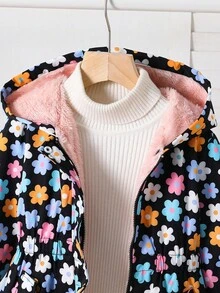 SHEIN 女童休闲百搭秋冬连帽中长款羽绒服，花卉图案保暖连帽羽绒服，秋冬羽绒服，长袖外套，连帽外套，女童冬季外套，女童冬季外套，花卉图案外套，女童保暖外套，女童连帽冬季外套，花卉图案外套，冬季外套，女童秋季 - 黑色 - 查看 6