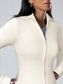 LYSMO Conjunto de 2 piezas de suéter informal de mujer con cardigan con cremallera en color albaricoque y pantalones de punto para otoño/invierno - Albaricoque - Ver 6